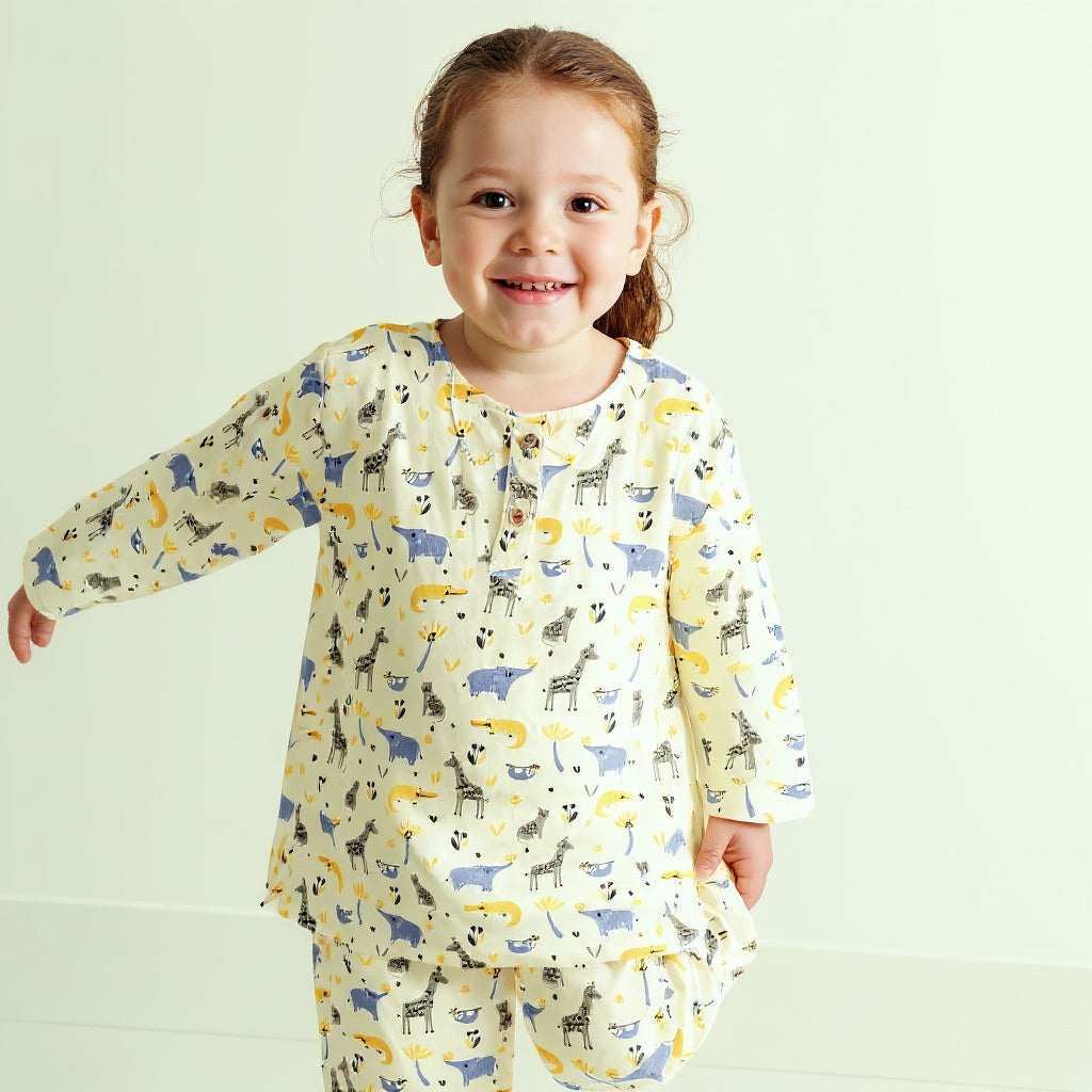 Jungle Pals Kurta Style Night Suit - (Cambric Cotton)