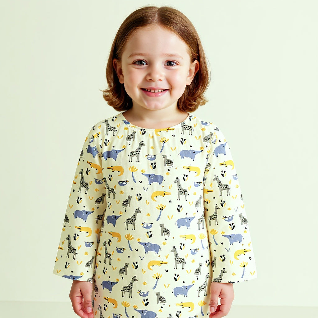Jungle Pals Kurta Style Night Suit - (Cambric Cotton)