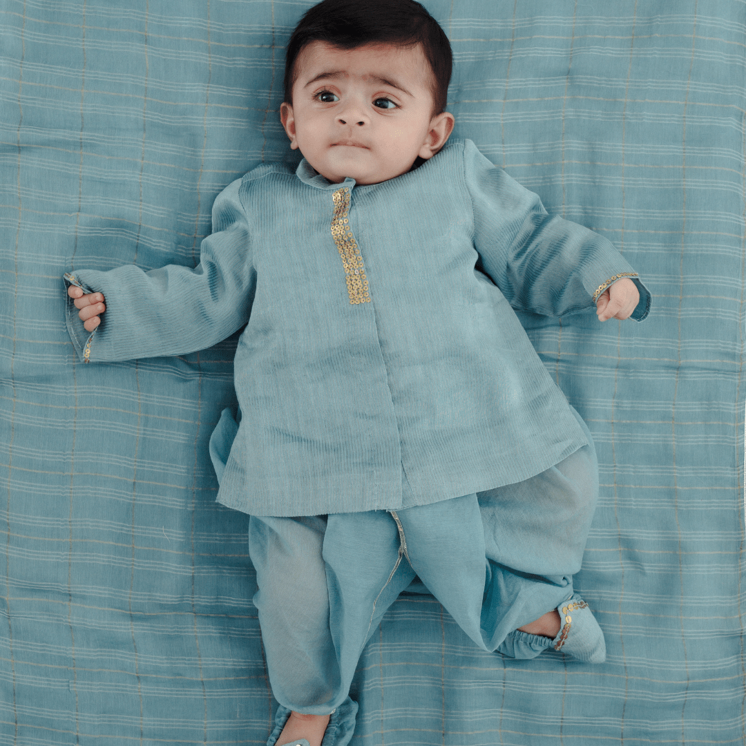 Zoey Ethnic Wear Dhoti Delight in Chanderi - Elegant Newborn Ethnic Dhoti Set in Blue Chanderi (Jamna Set)