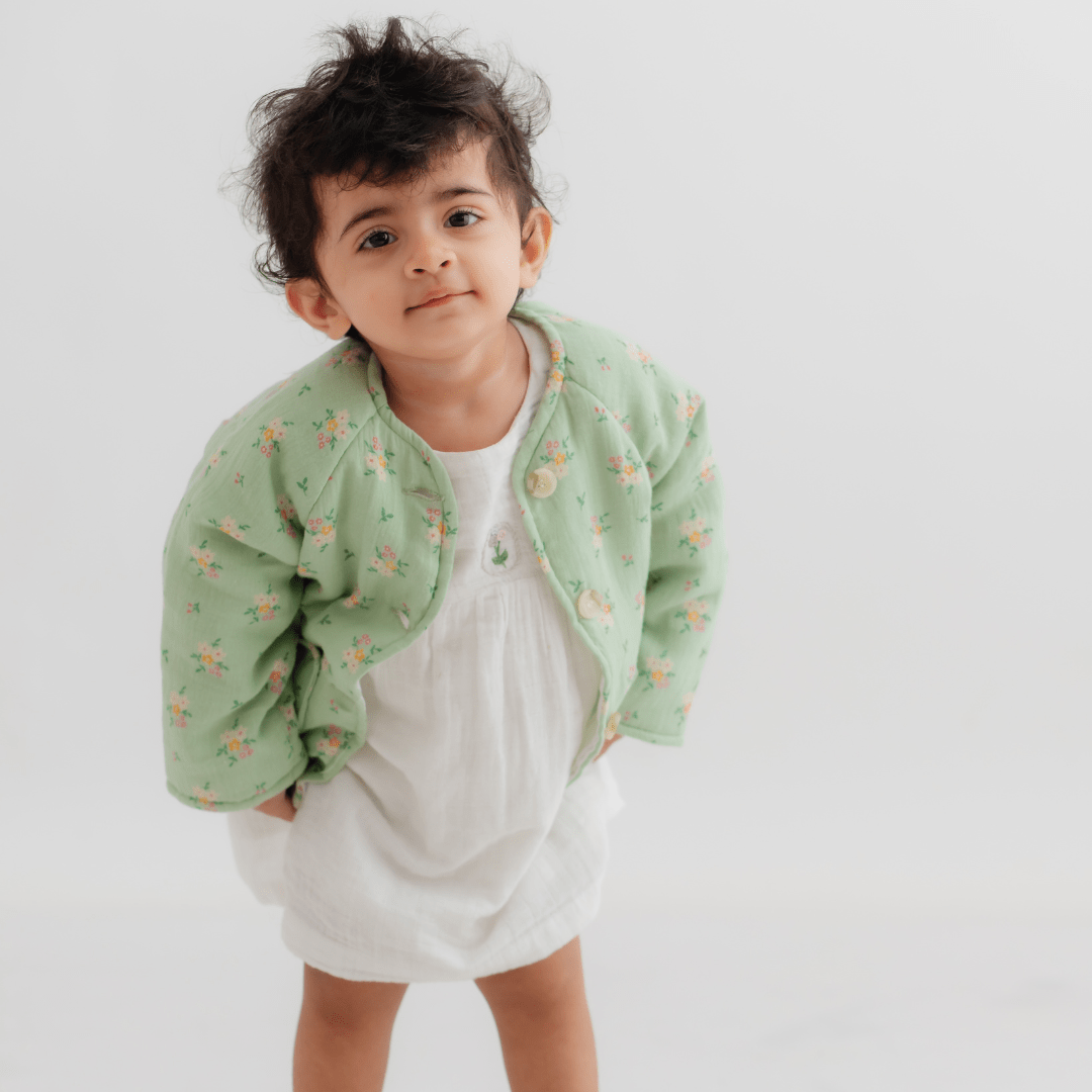 Zoey Jacket Full Sleeve Muslin Winter Jacket (Green Floral)