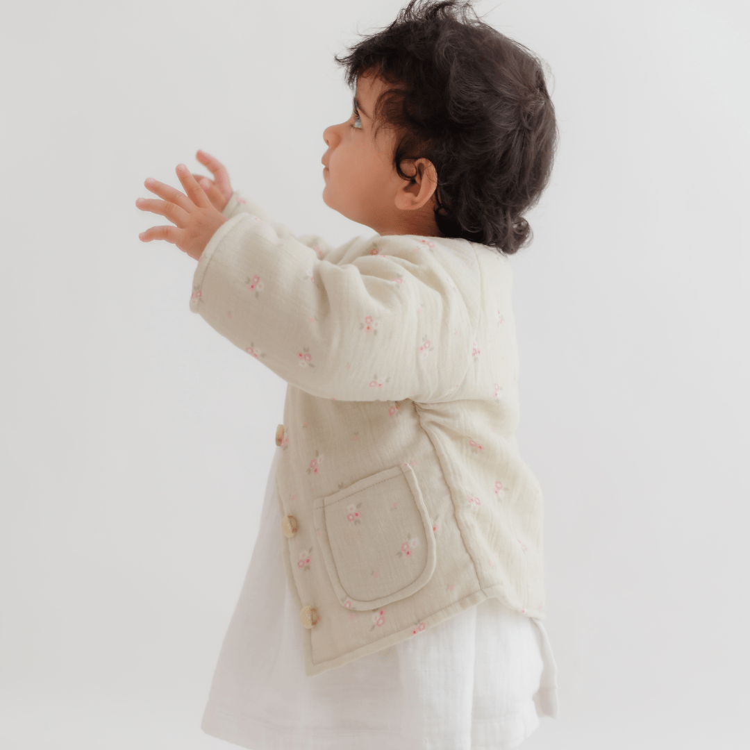Zoey Jacket Full Sleeve Muslin Winter Jacket (Grey Floral)