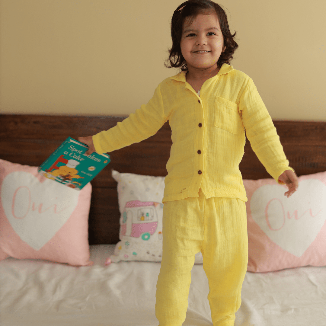 Zoey night suit Lemon Drop Organic Muslin Nightsuit