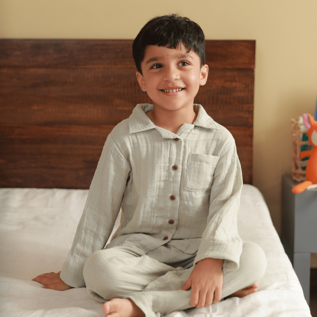 Zoey night suit Olive Hush Organic Muslin Nightsuit
