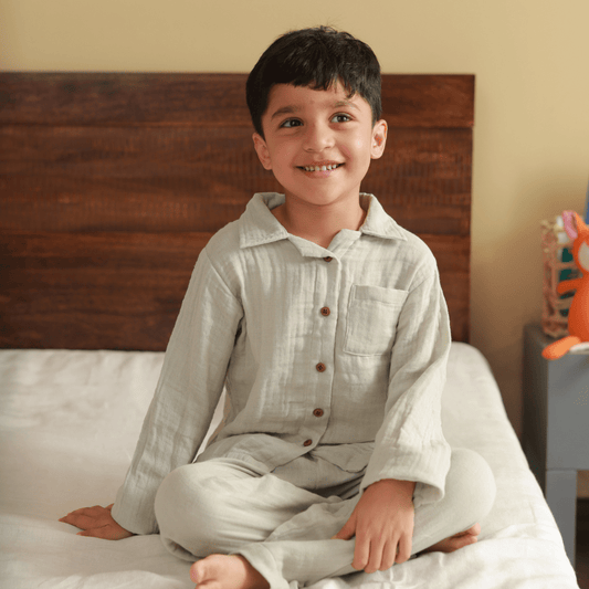 Zoey night suit Olive Hush Organic Muslin Nightsuit
