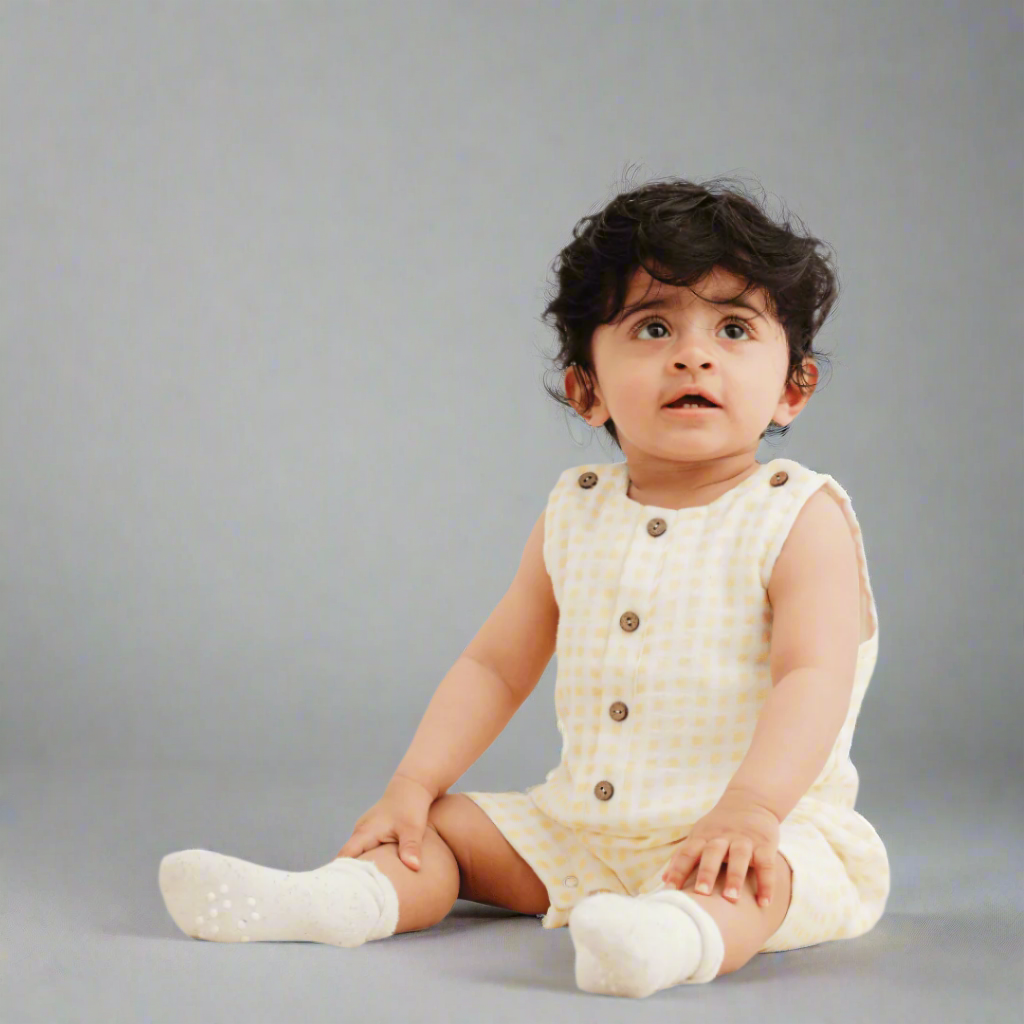 Zoey romper Sunshine Squares Double Layer Muslin Romper/Jumpsuit/Onesie