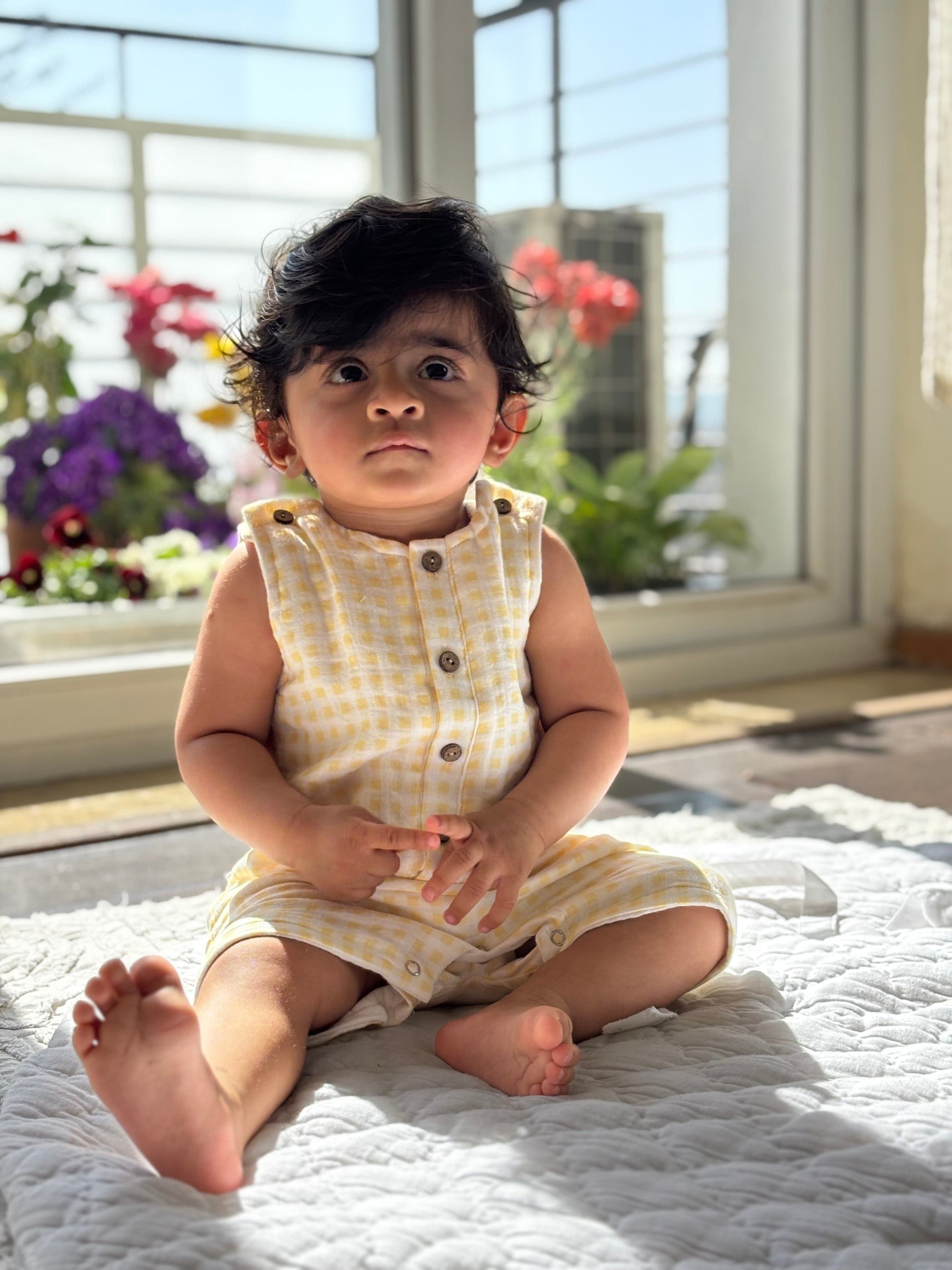 Zoey romper Sunshine Squares Double Layer Muslin Romper/Jumpsuit/Onesie