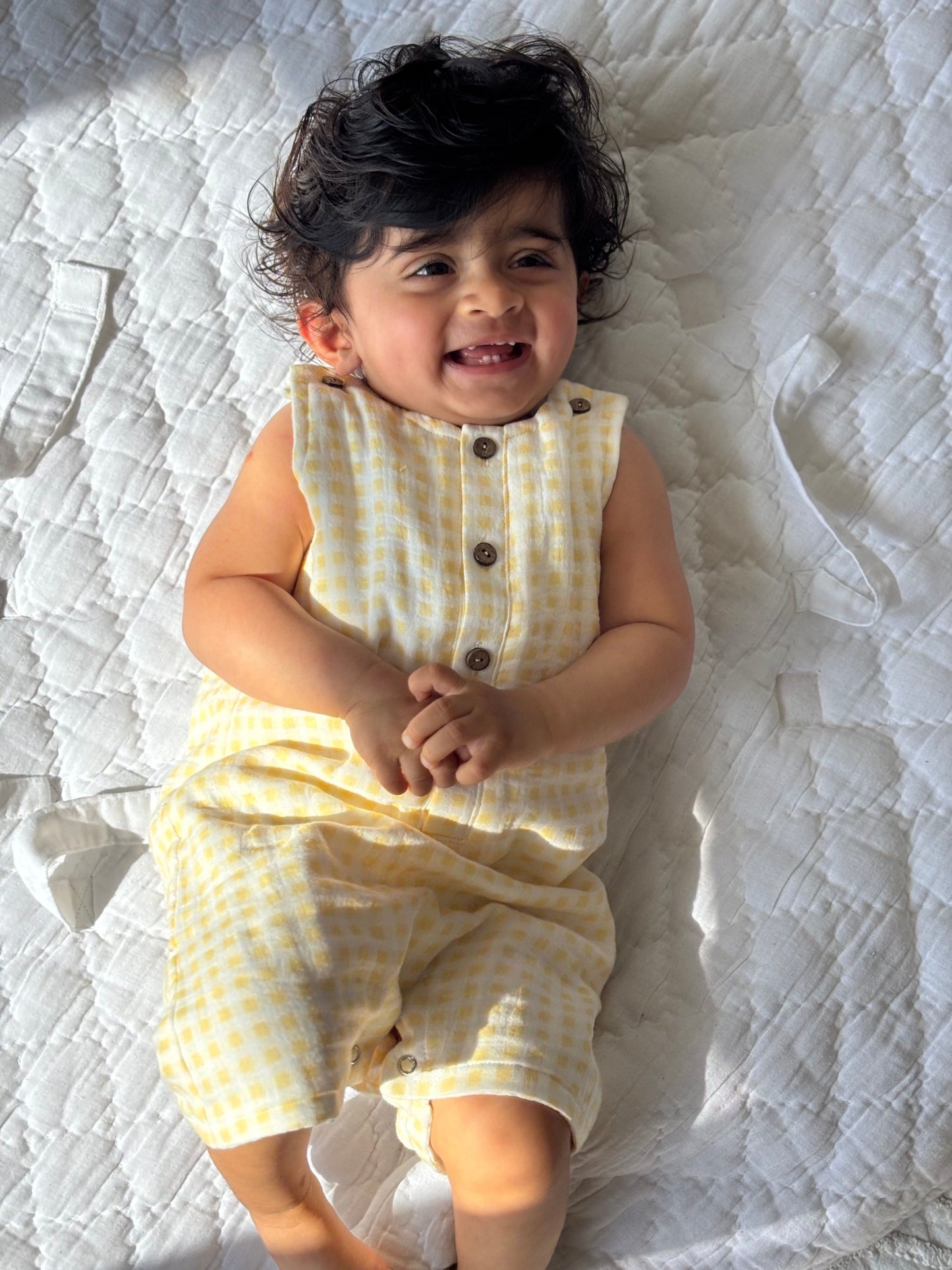 Zoey romper Sunshine Squares Double Layer Muslin Romper/Jumpsuit/Onesie