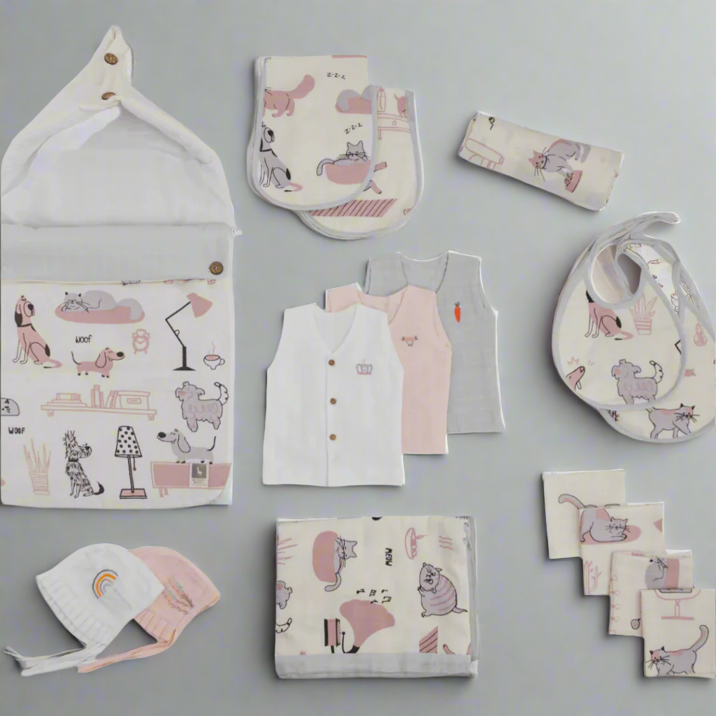 Zoey save on combos Hospital Bag Must Haves Combo - Woofles & Purrito (total 16 Muslin Items)